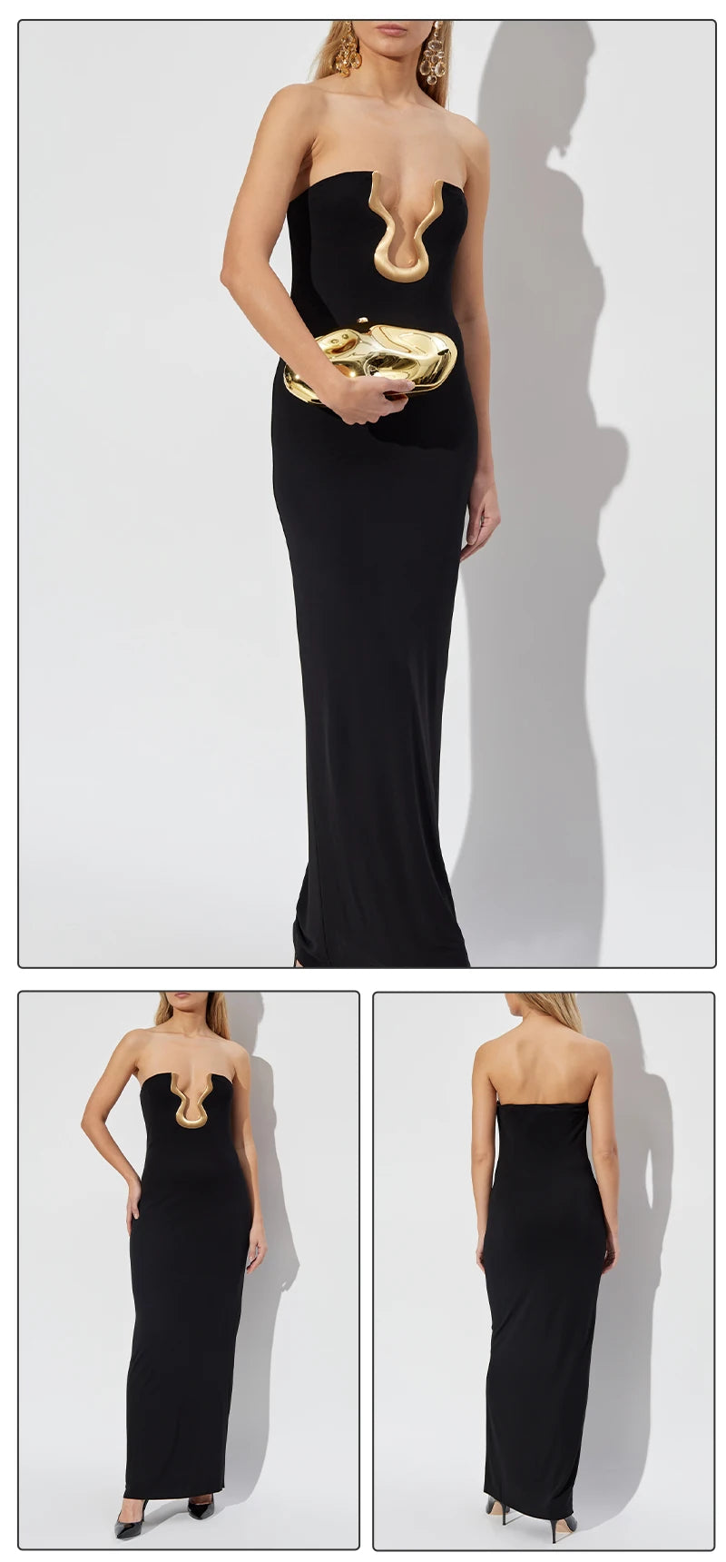 Elegant Strapless Black Long Bandage Dress