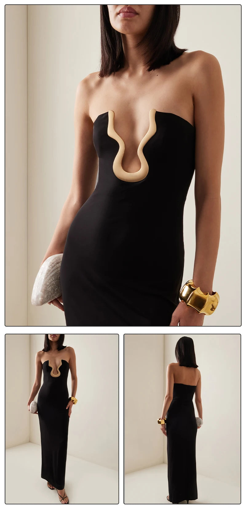 Elegant Strapless Black Long Bandage Dress