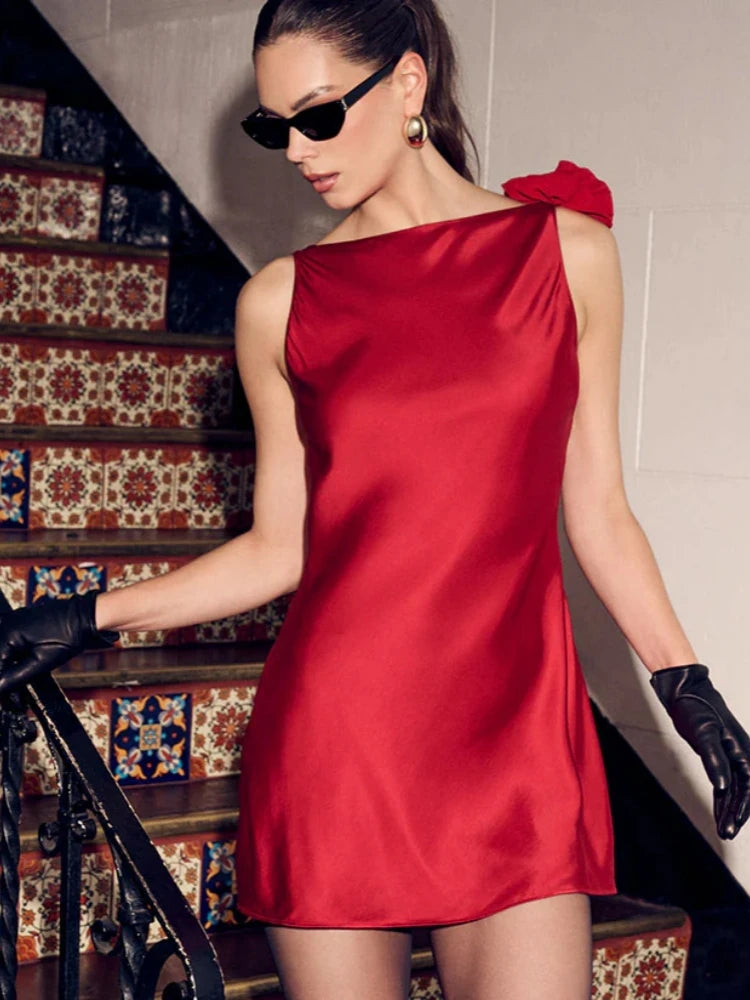 Sexy Sleeveless Flower Draped Design Mini Dress Women Red White Backless Floral Slim Dresses Elegant Evening Club Party Cocktail