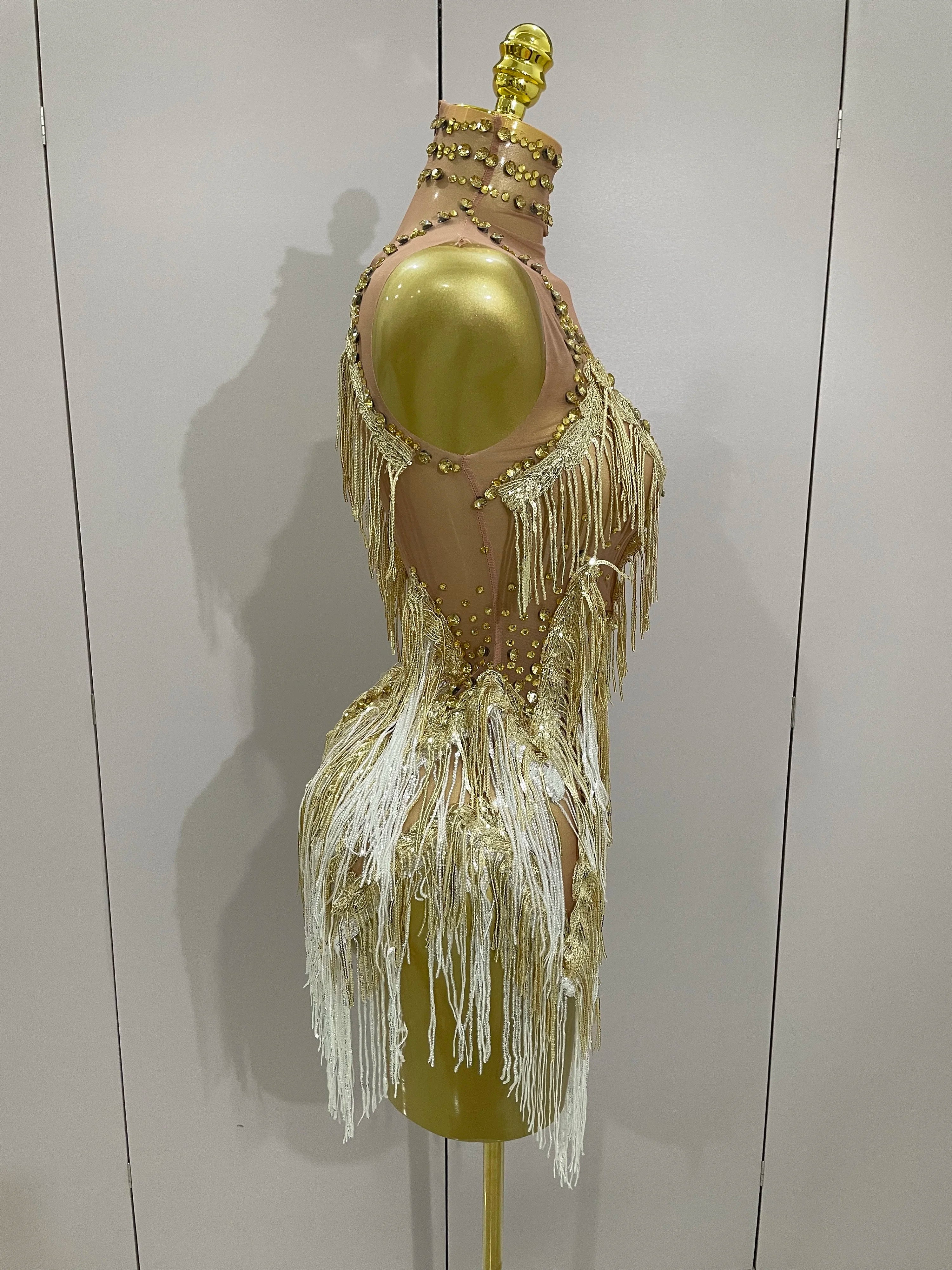 Stock 2025 Women Sexy Stretch Mesh Sparkly Rhinestone Tassels Mini Dress Nightclub Singer Dance Stage Costume Evening Gowns