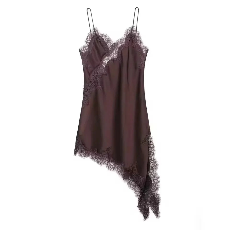 Women Lace Satin Dress Asymmetrical Lace Hem Spaghetti Strap