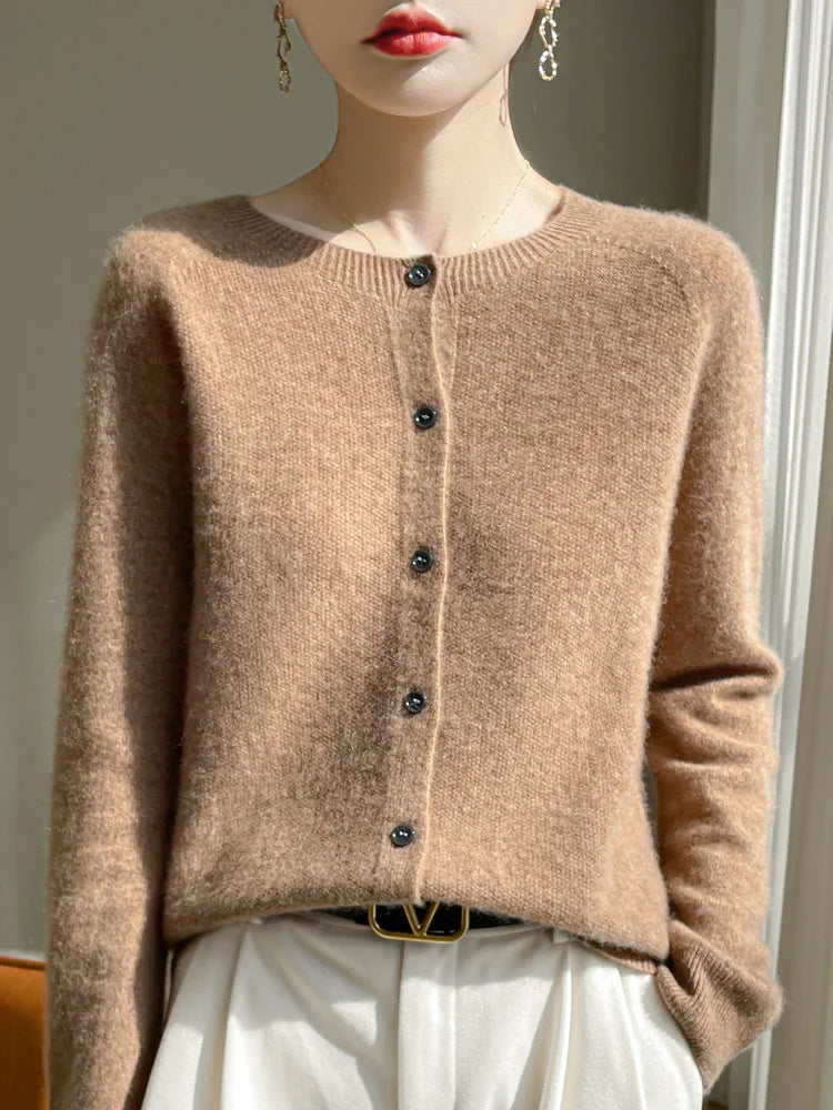 ADDONEE Women's Merino Wool O-Neck Cardigan