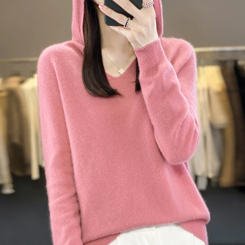 100% Merino Wool V-Neck Hoodie for Women