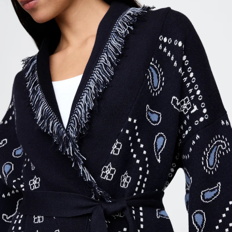 Tassel Patchwork Printed Cardigan Women Geometric Patterns Belts V-neck Long Sleeve Knitted Street Lady Sweater 2025 Autumn Coat