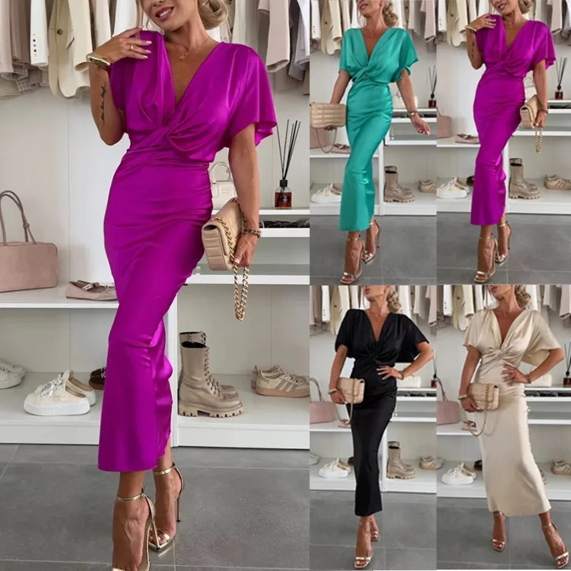 Sexy Satin Summer Dress Elegant Deep V Collar Bat Short Sleeve Party Dress Women Temperament Slim Fit Solid Long Dress