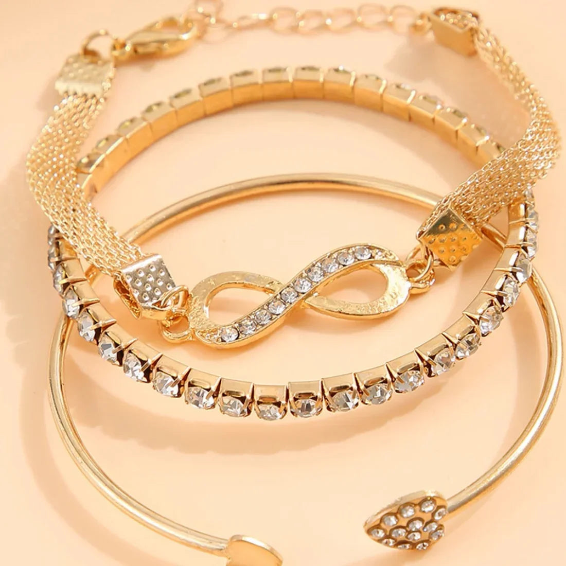 Minimalist Lucky 8 Rhinestone Heart Cuff Bracelet Set