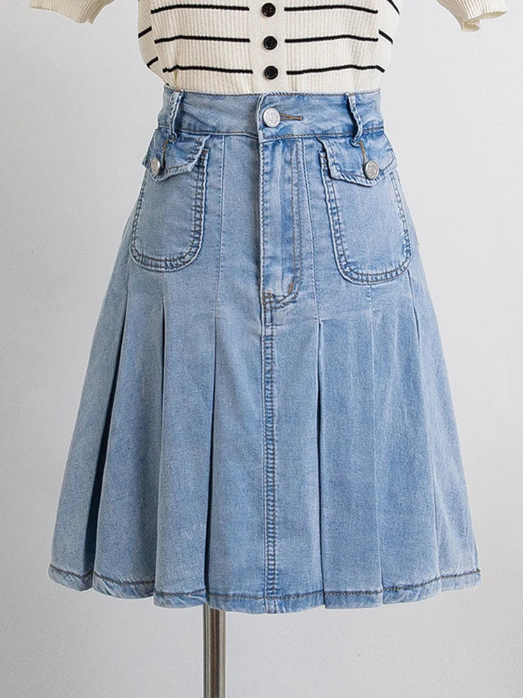Plus Size Denim A-Line Pleated Skirt