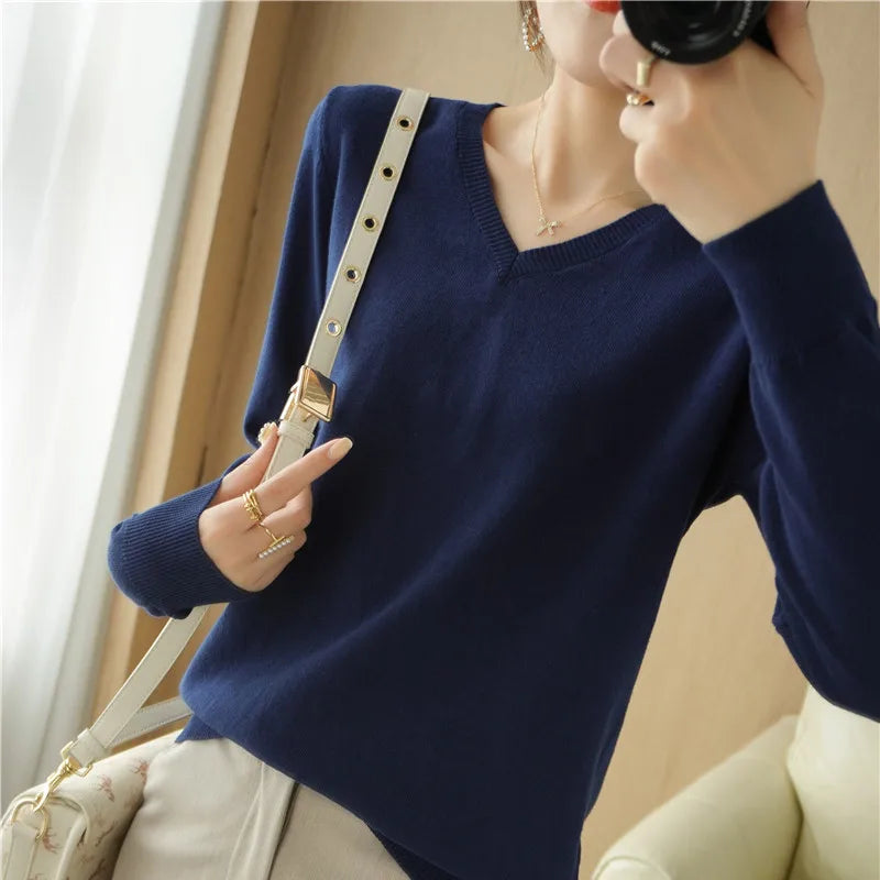 Peach V-Neck Knitted Sweater for Women