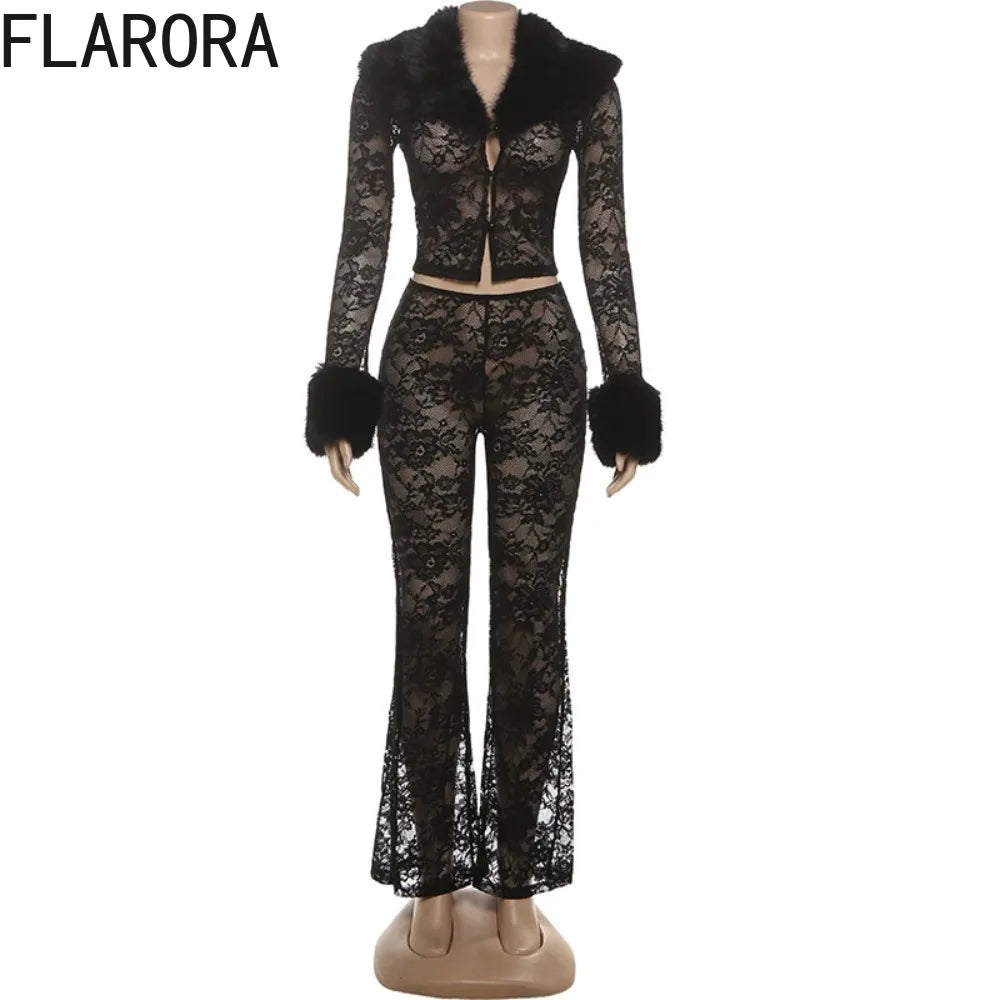 FLARORA Sexy Lace Fur Patchwork 2 Pcs Sets Woman Jacquard