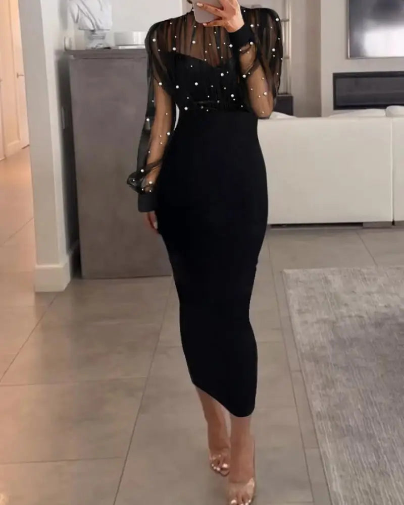 Elegant Party Dresses Woman Sexy Sheer Mesh Patch Beaded Bodycon Dresses Elegant Tight Urban Long Dress Fashion Women's Clothes
