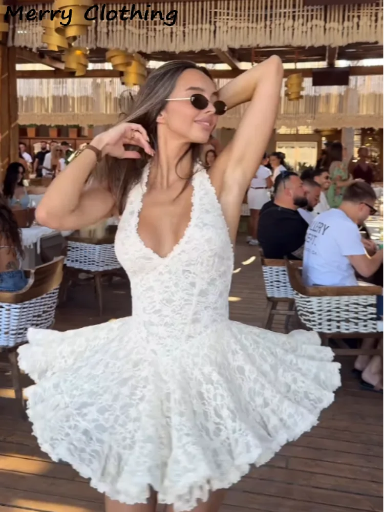 V Neck Halter Lace Mini Skirt Women Fashion Waist Cinched A Line Dress