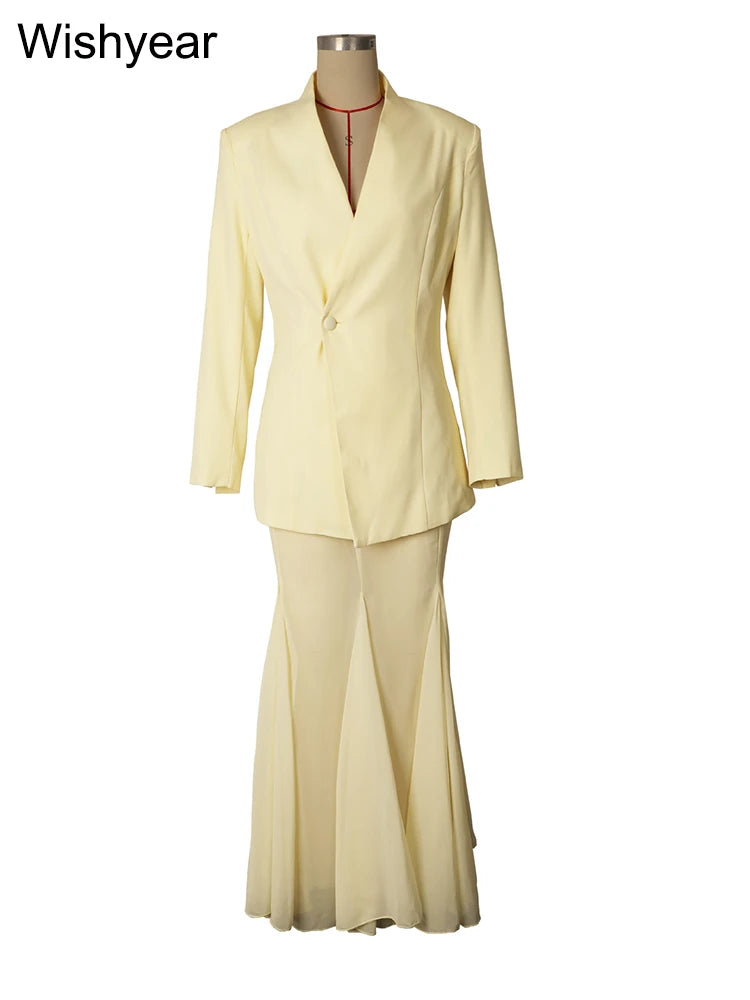 Elegant 2-Piece Office Dress Set for Women Apricot Blazer Coat Mesh Long Skirt Outfit Fashion Birthday Evening Party Guest Wear