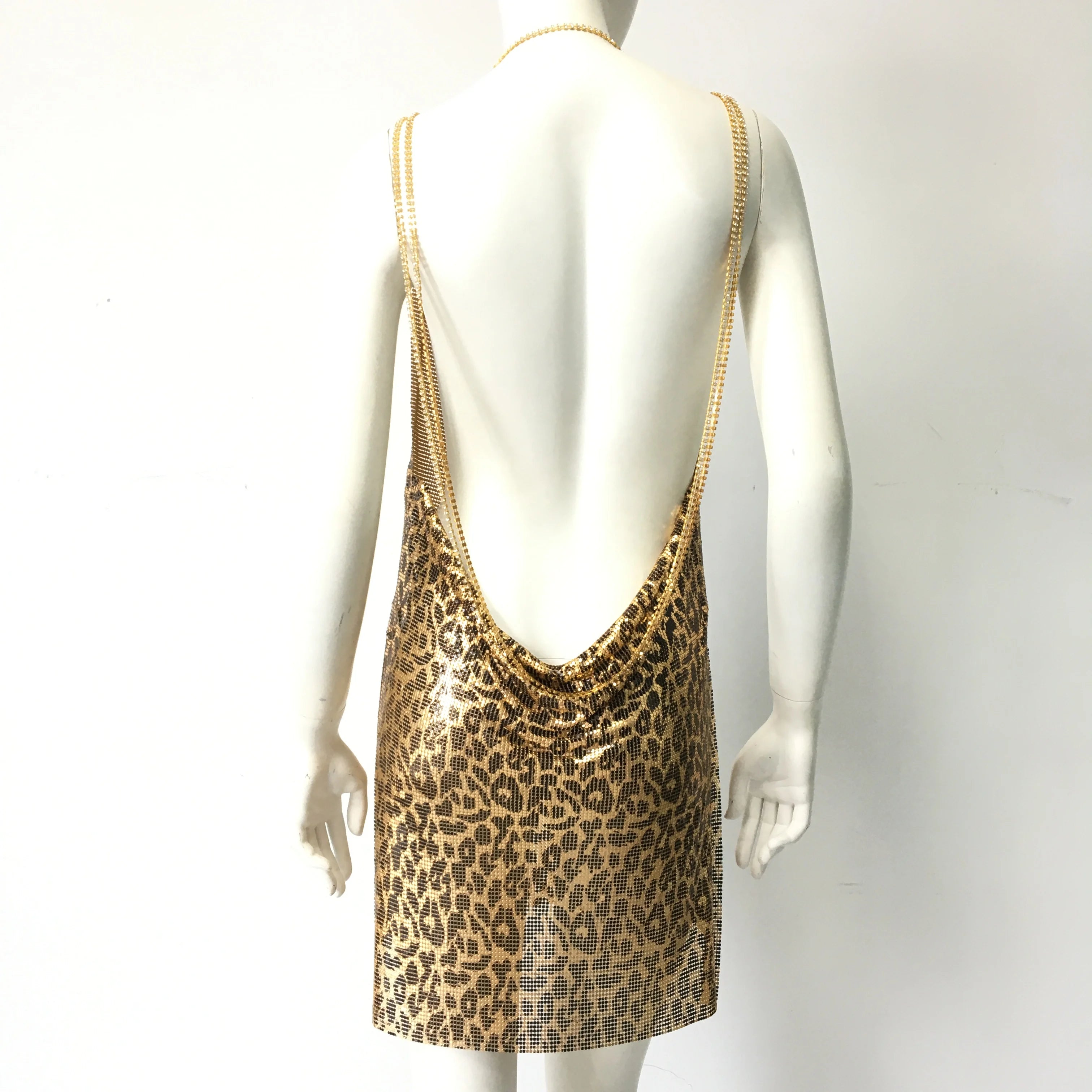 Chic Leopard Print Design Women Mini Dress Sexy Deep V Neck Backless Shiny Rhinestone Chain Halter Neck Dress Nightclub Dresses