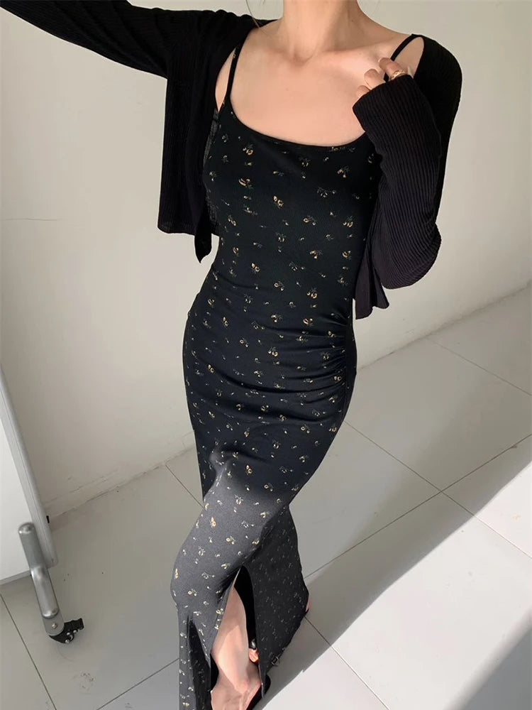 Women Summer Sexy Bodycon Dress Lady Sexy Spaghetti Strap Sleeveless Split Sheath Floral Dress Maxi Black Vestidos