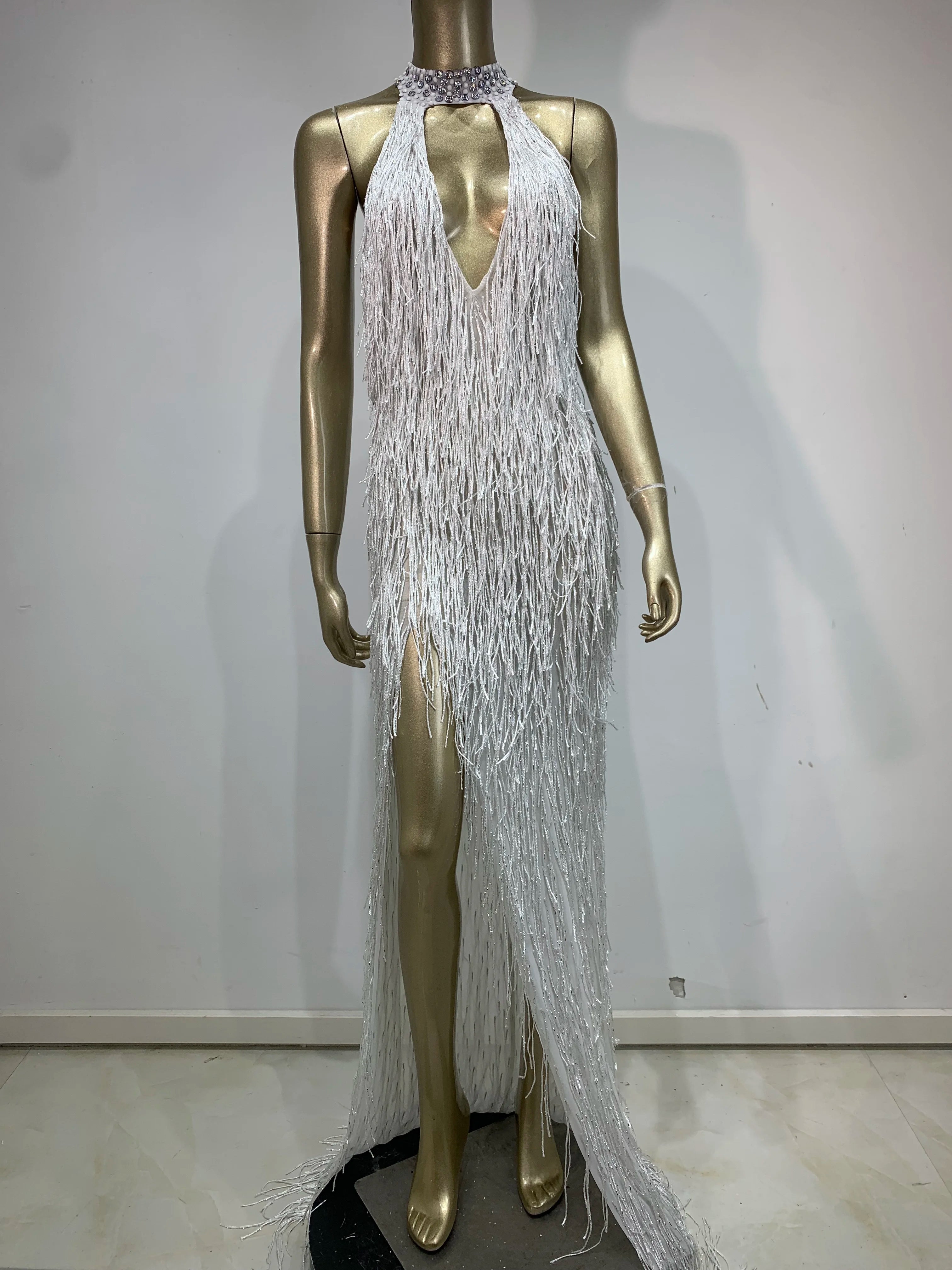 Women Shiny Gold Crystals Tassel Luxury Long Dress Sexy Hollow Out Elegant Prom Gown Evening Club Birthday Party Stage Outfit