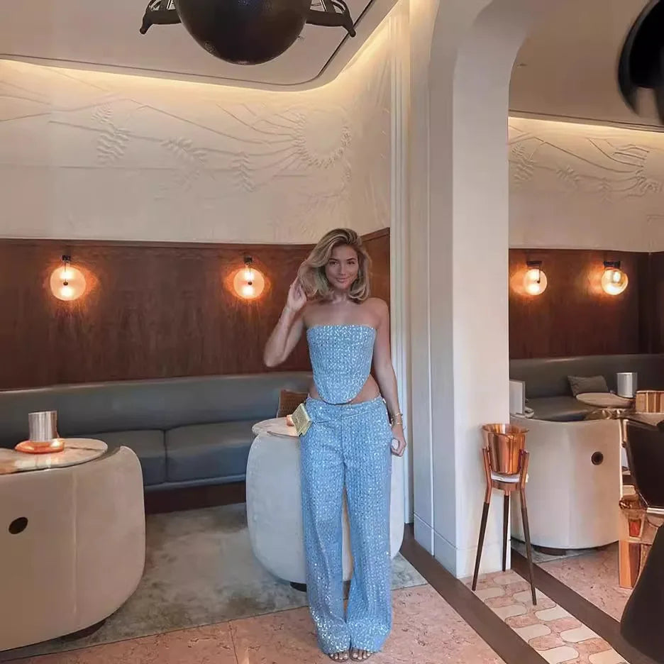 Sequins Denim Skirts Sets for Women Summer Strapless Corset Crop Tops&Hole High Waist Skirts Sequins Two Piece Sets Party Club