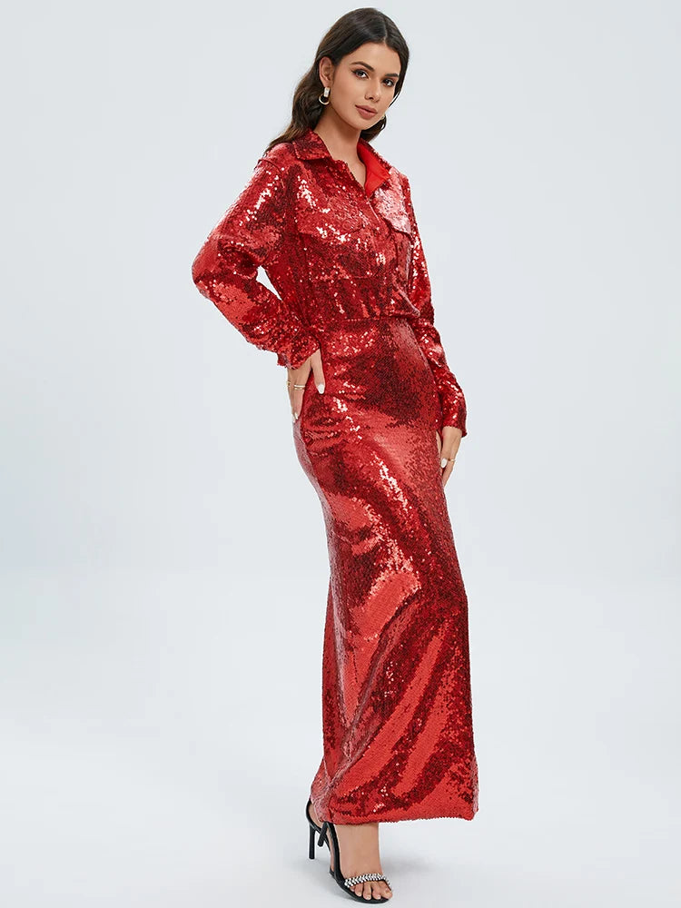 Autumn Women Sequins Two Piece Set Sexy Gold Long Sleeve