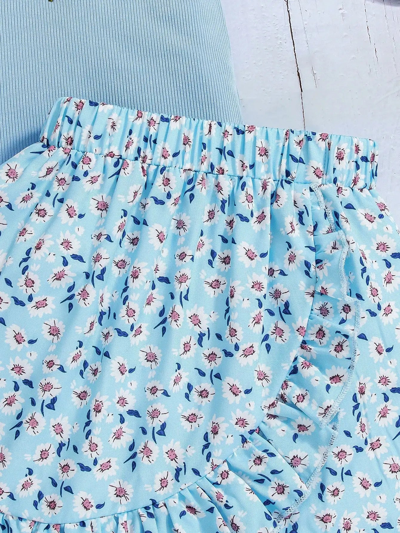 Girl's Blue 3D Floral Tee & Ruffled Skirt Set