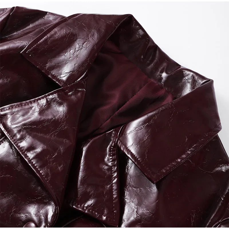 Fashion PU Leather Skirt Sets Women Lapel Long Sleeve