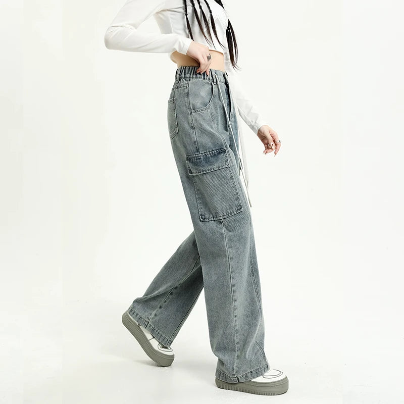 2024 Spring New Vintage Jeans Women's Elastic Waist Fashion Straight Drawstring Baggy Y2k Cargo Pants Streetwear