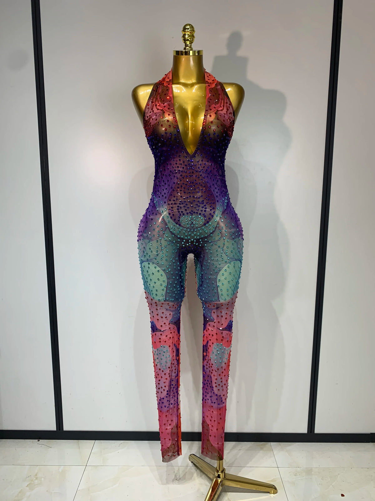 Colorful Rhinestones Mesh Bodycon Jumpsuit Women