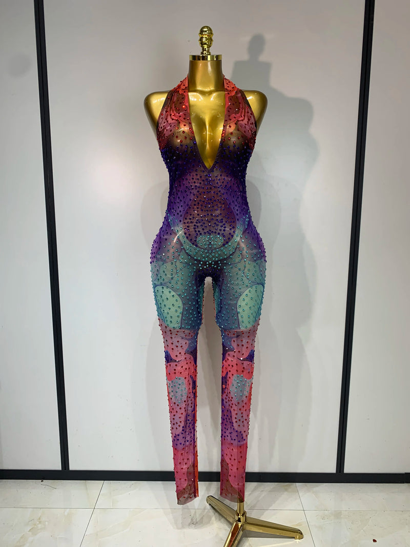 Colorful Rhinestones Mesh Bodycon Jumpsuit Women