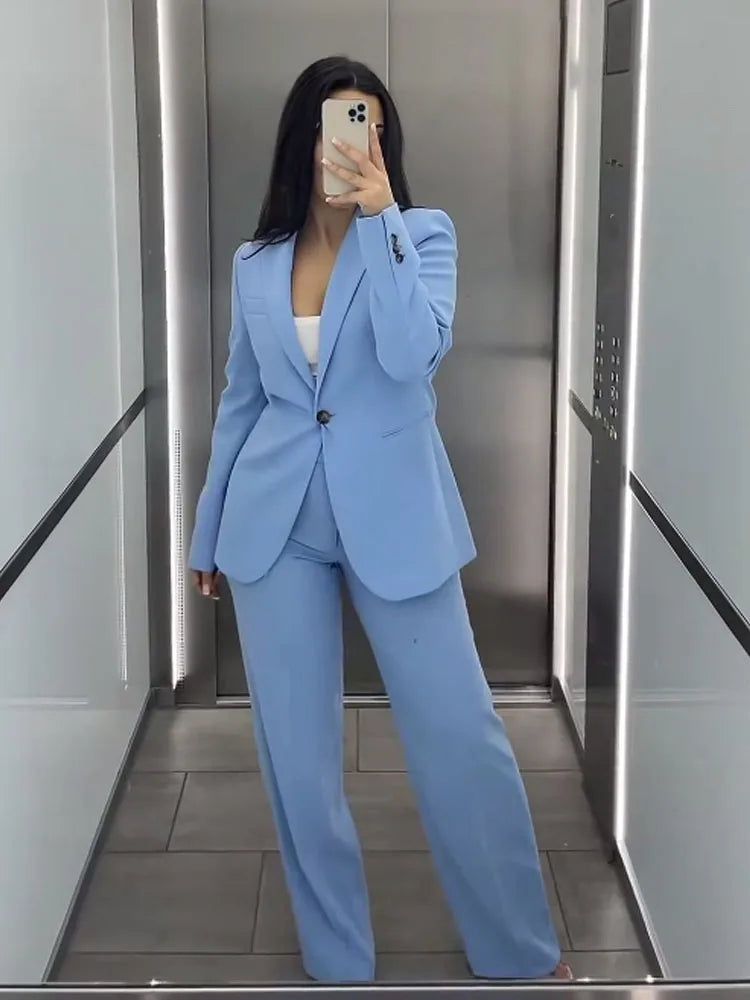 HH Woman Suit Blue Turn-Down Collar Long Sleeves Pockets Single Button+Mid Waist Pockets Zipper Wide Leg Pants Female Sets
