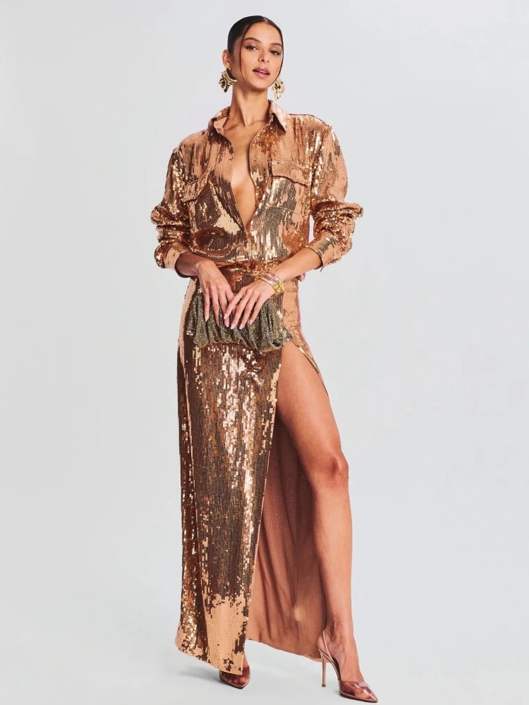 Autumn Women Sequins Two Piece Set Sexy Gold Long Sleeve