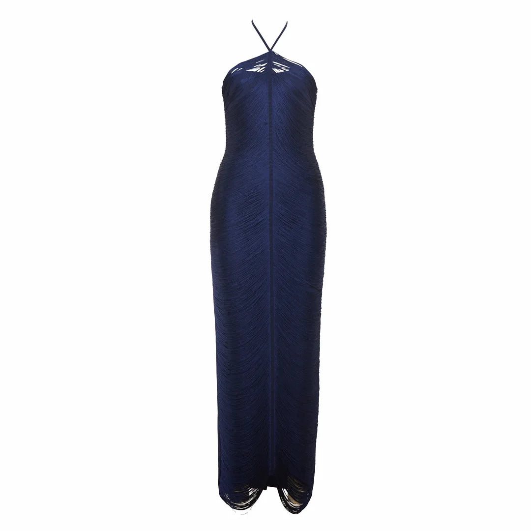 Elegant Bandage Dress Women Black Halterneck Tassel Sleeveless