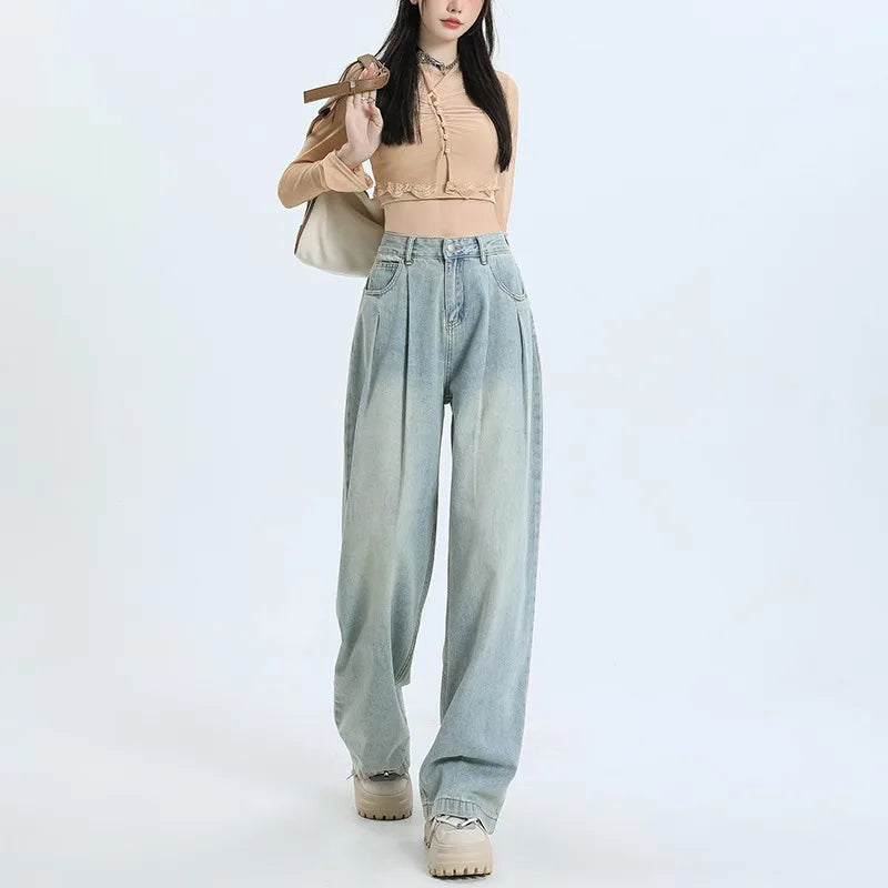 Pleated Wide Leg High Waist Jeans