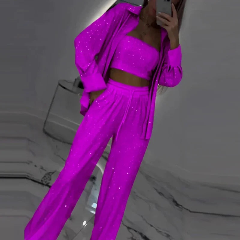 Sexy Sequins Shiny Three Piece Set Womens Strapless