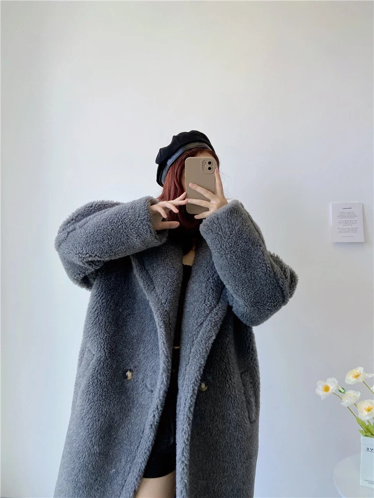 Winter Jacket Women Long Coat  Wool Woven Fabric Thick Warm