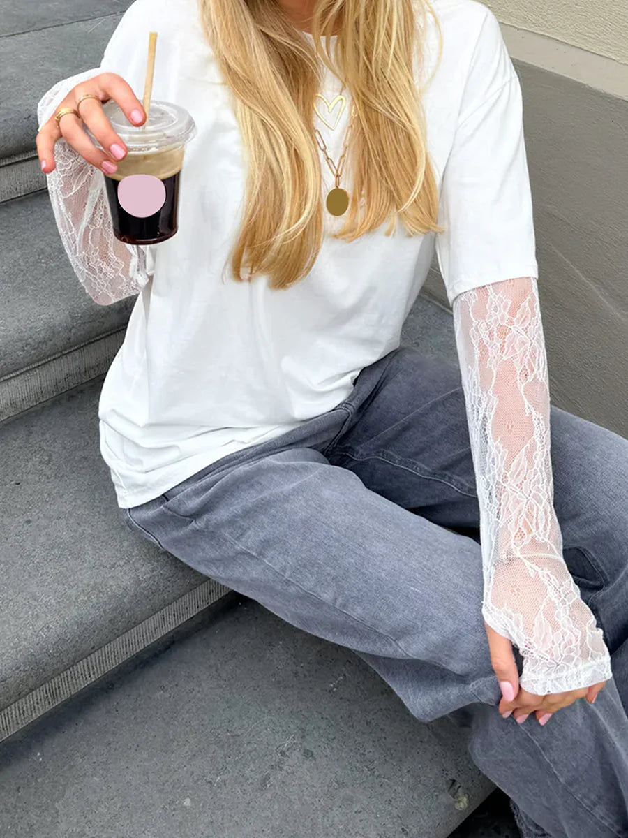 New Fashion Women Round Neck T-Shirts Lace Long Sleeve Casual Shirts Spring Fall Loose Fit Tops Streetwear S M L