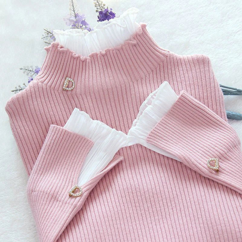 Y2K Lace Patchwork Turtleneck Sweater for Women