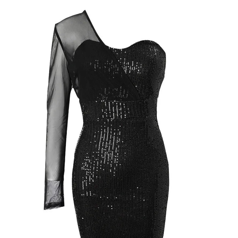 Sexy Dress for Women 2024 Summer Fashion One Shoulder Sheer Mesh Patch Sequin Long Sleeve Skinny Plain Mini Night Out Dresses
