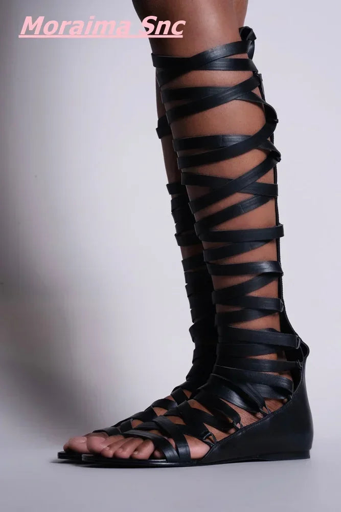 Summer New Knee High Leather Sandal Boots Women Sexy Greek Flat Rear Thin Straps