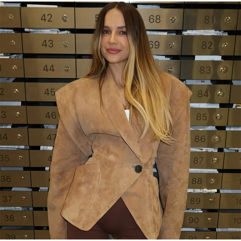 Brown Single Breasted Suede Jacket Women's Fashion