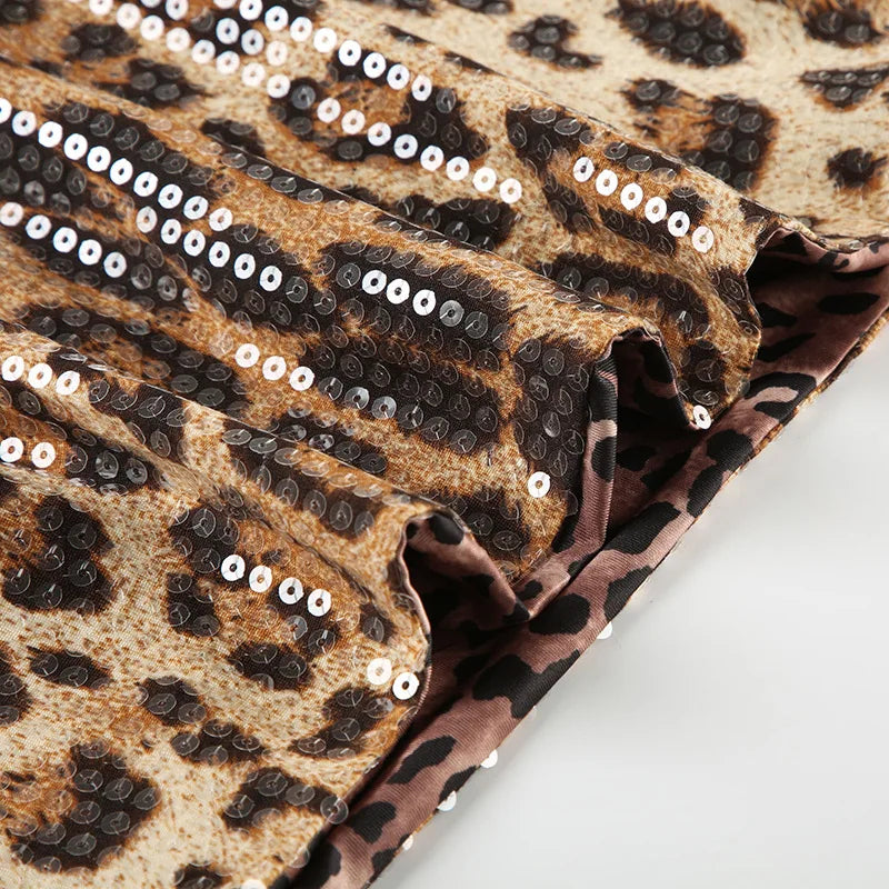 Sexy Leopard Print Sequins Bodycon Dress Sleeveless Straps