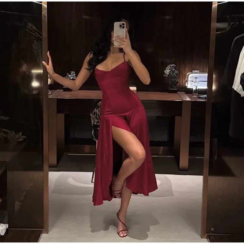 Suninbox Red Satin Spaghetti Strap Midi Dress Women Corset