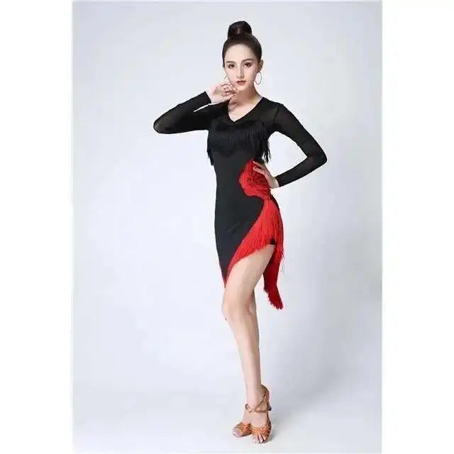 New Women Dresses Big Red Flower Tassel Dance Skirt Latin Dancing Long Sleeve Dress Latina Black Sexy Girls Adult Costume Rumba