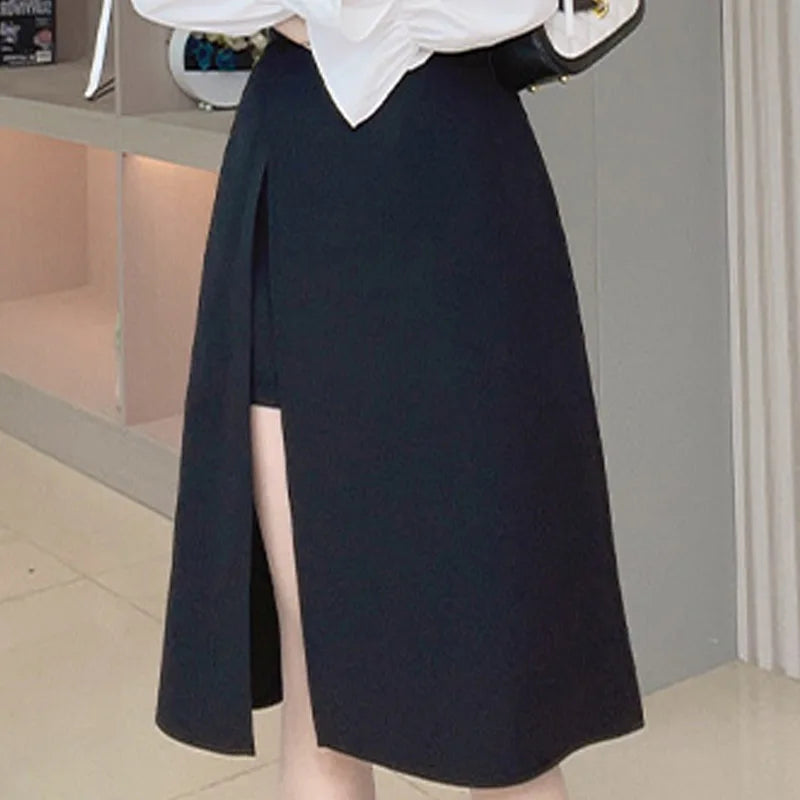 High-Waist Irregular Slit Black Skirt for Women