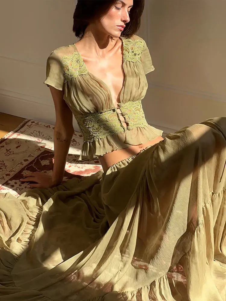 Women's 2 Piece Set Bohemian Olive Green Deep V Lace Trim Cropped