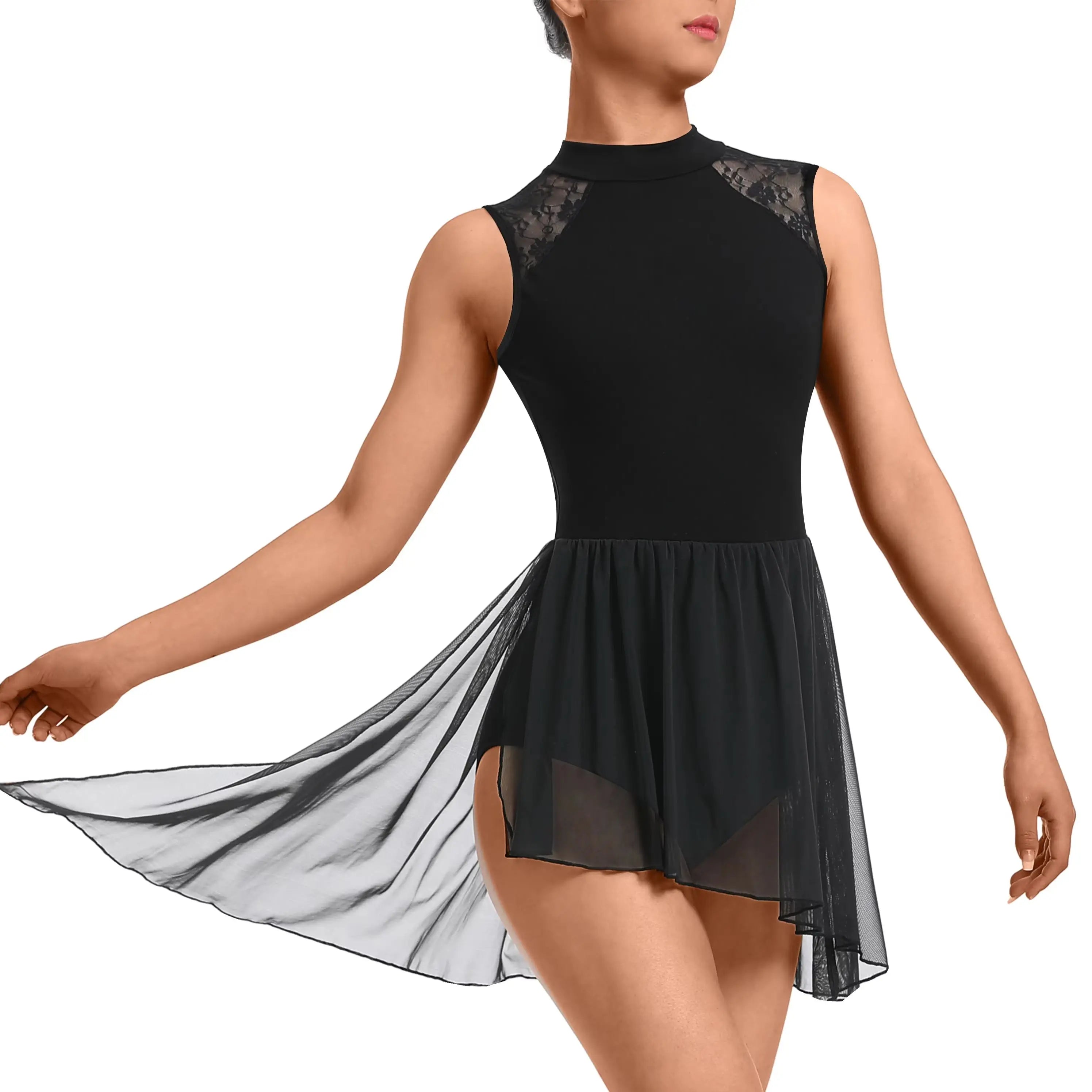 Women Lyrical Modern Dance Dress Asymmetric High-Low Mesh Skirted Contemporary Dance Costume