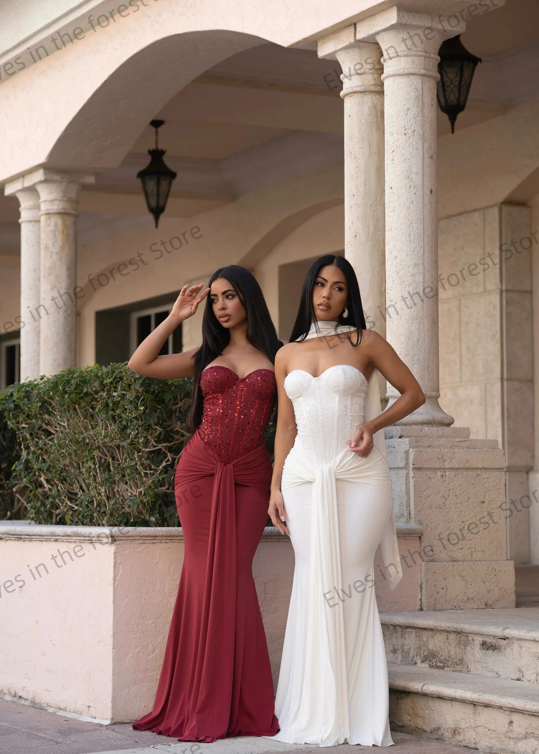 Sexy Burgundy Mermaid Evening Dresses Sweetheart Sequin Sleeveless Prom Gown
