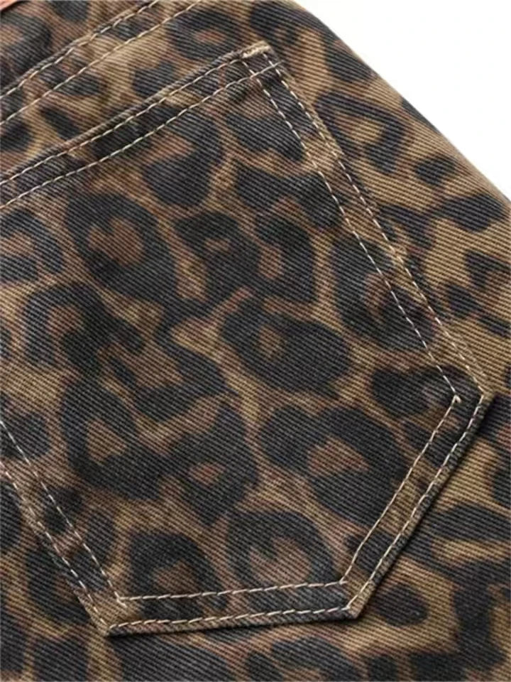 Tan Leopard Wide Leg Streetwear Jeans