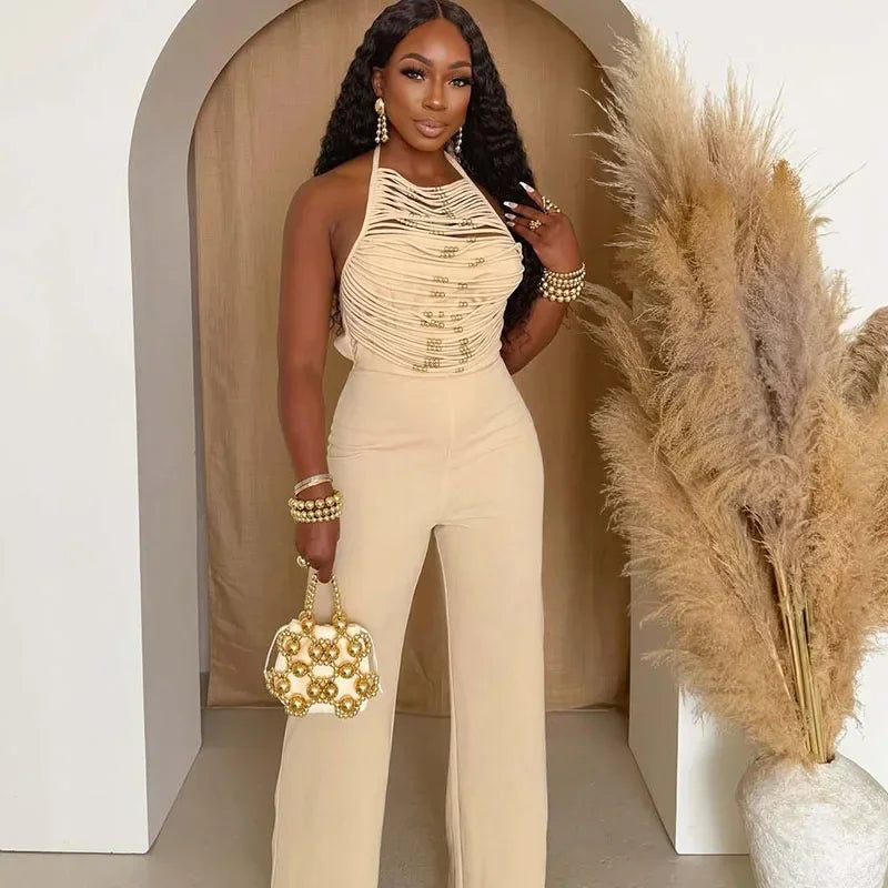 Sexy Halter Backless Jumpsuit Women Elegance High Waist Flare Pants Sleeveless Beading Ruched Party Romper Club Birthday Outfits