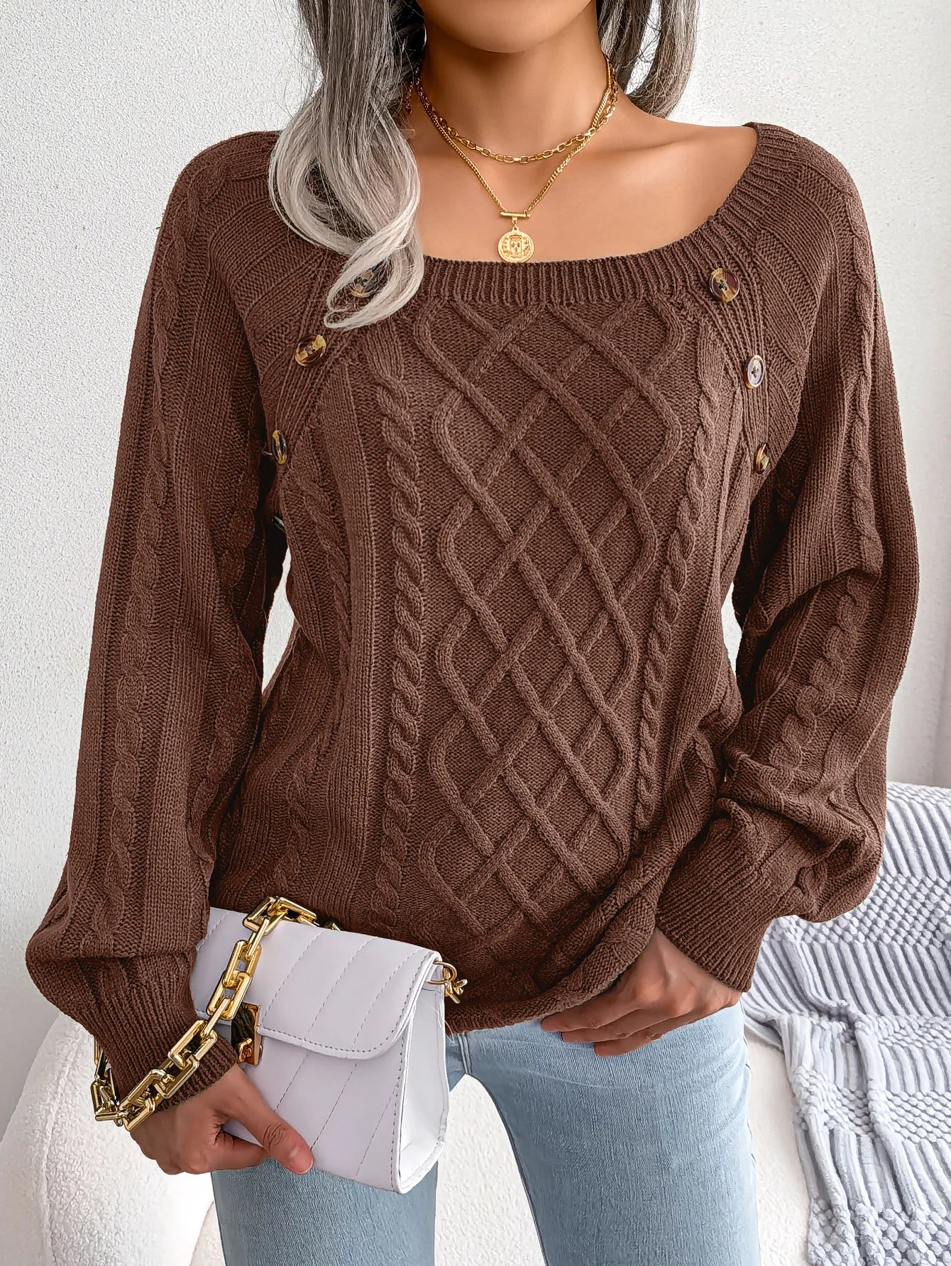 Casual Square Collar Knitted Sweater for Women