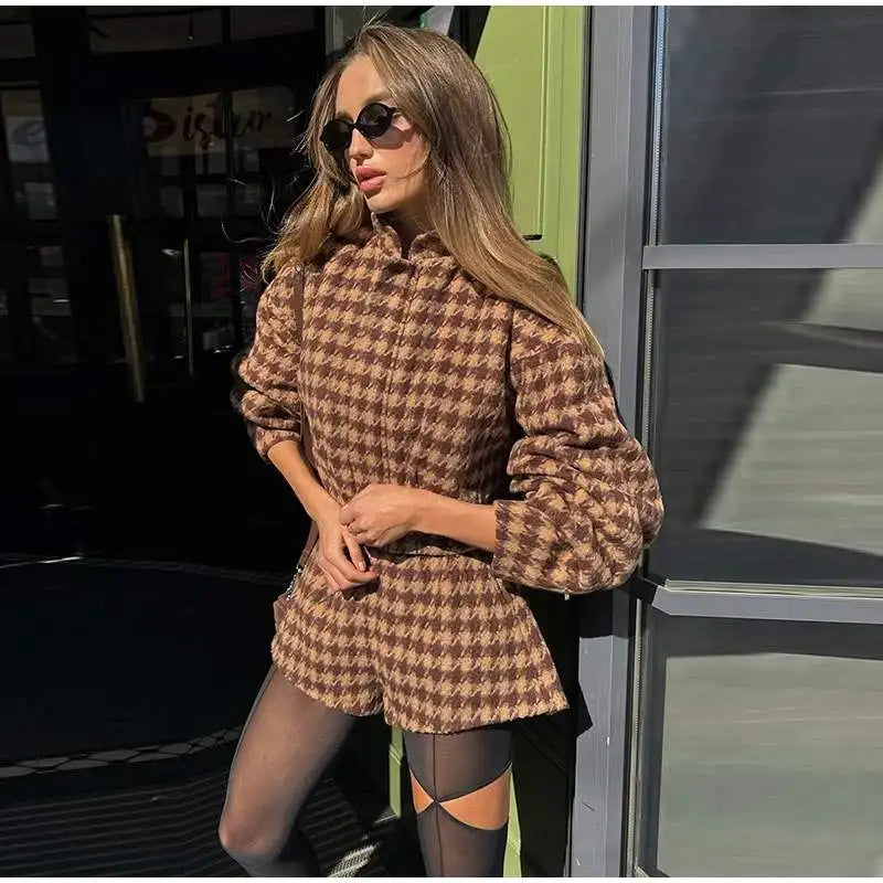 2025 Spring Retro Plaid Women Sets Casual Chic Full Sleeve
