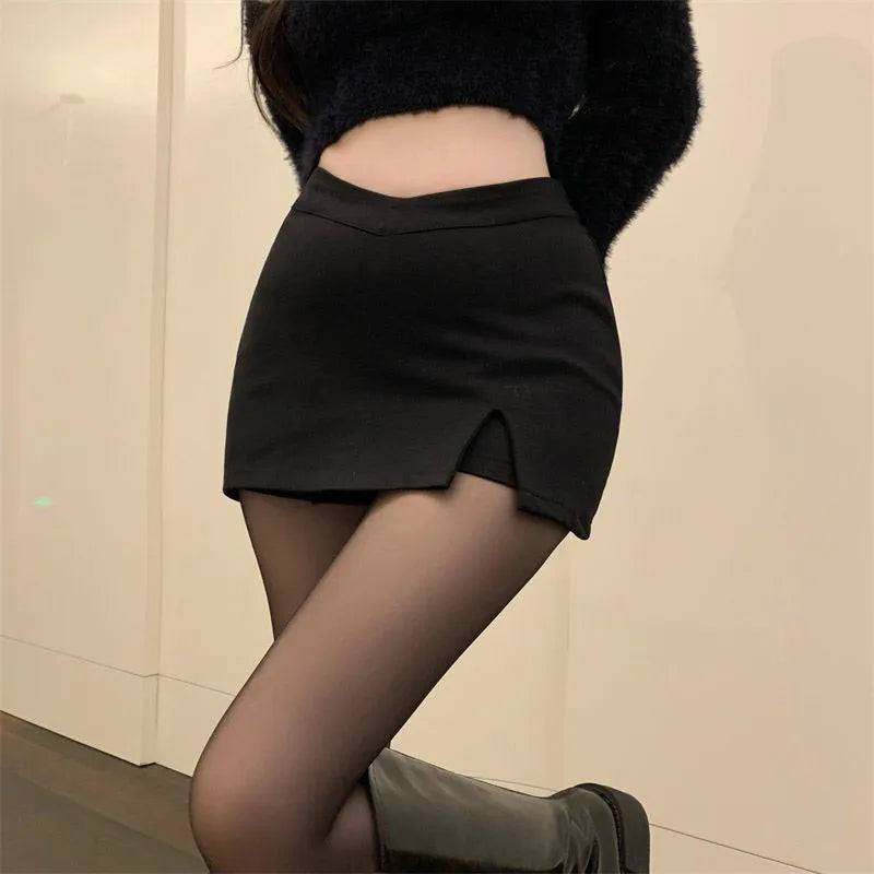 Black High-Waist Split Mini Skirt for Women