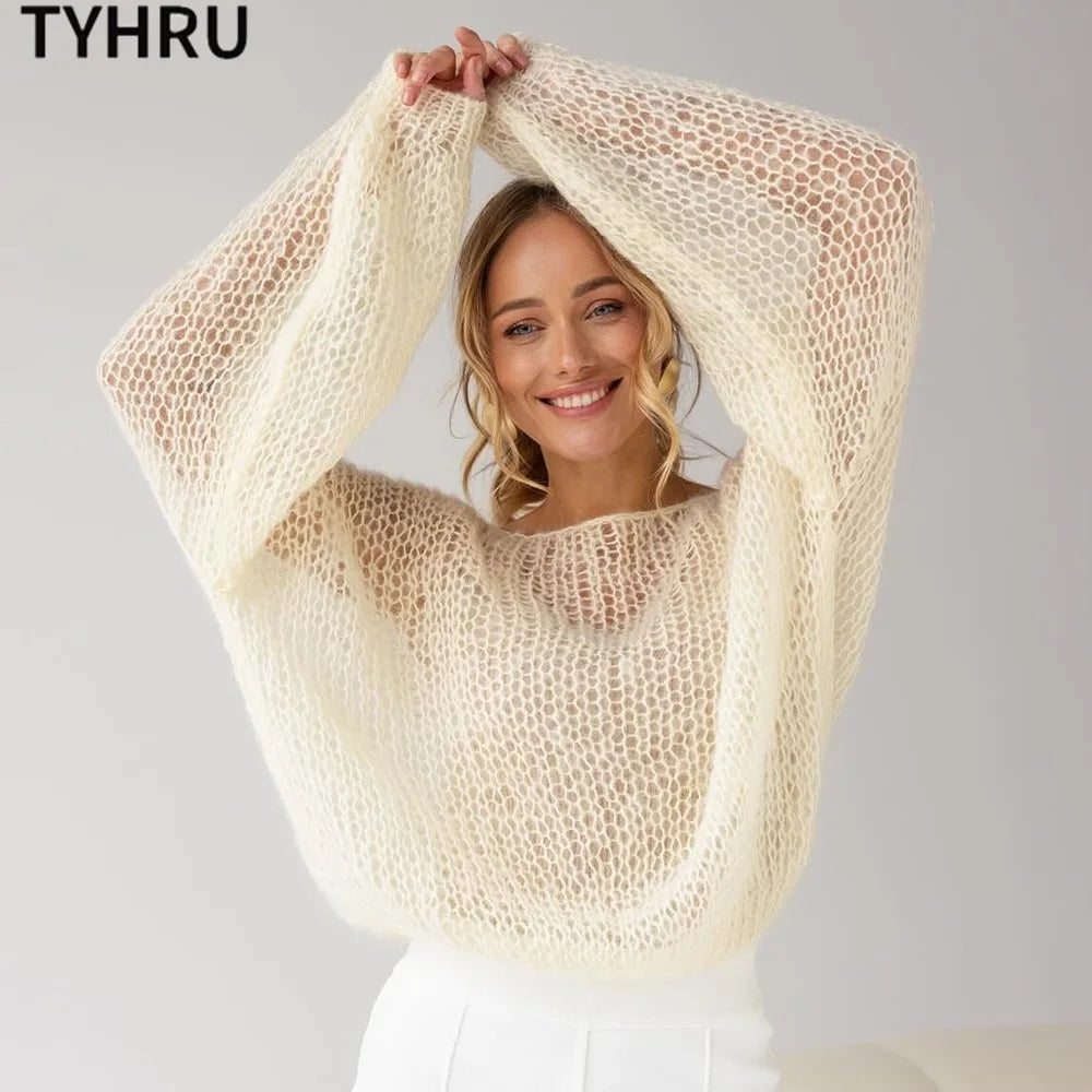 Women’s Hollow Out Mesh Lantern Sleeve Sweater